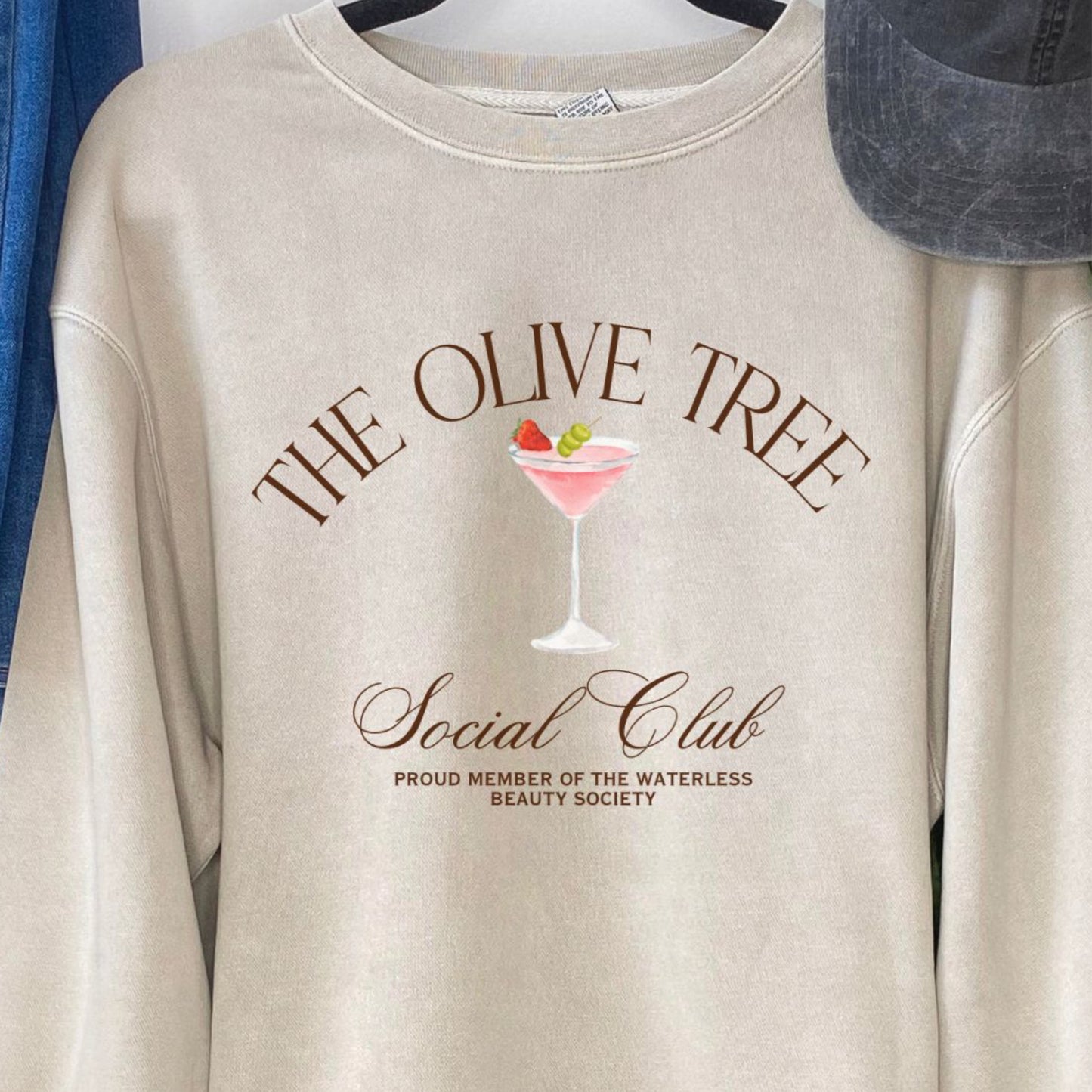 Cream Olive Tree Club Crewneck w/Martini Glass